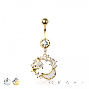 316L SURGICAL STEEL OPAL MOON MULTI CZ TOP DANGLE BELLY BUTTON NAVEL RING 